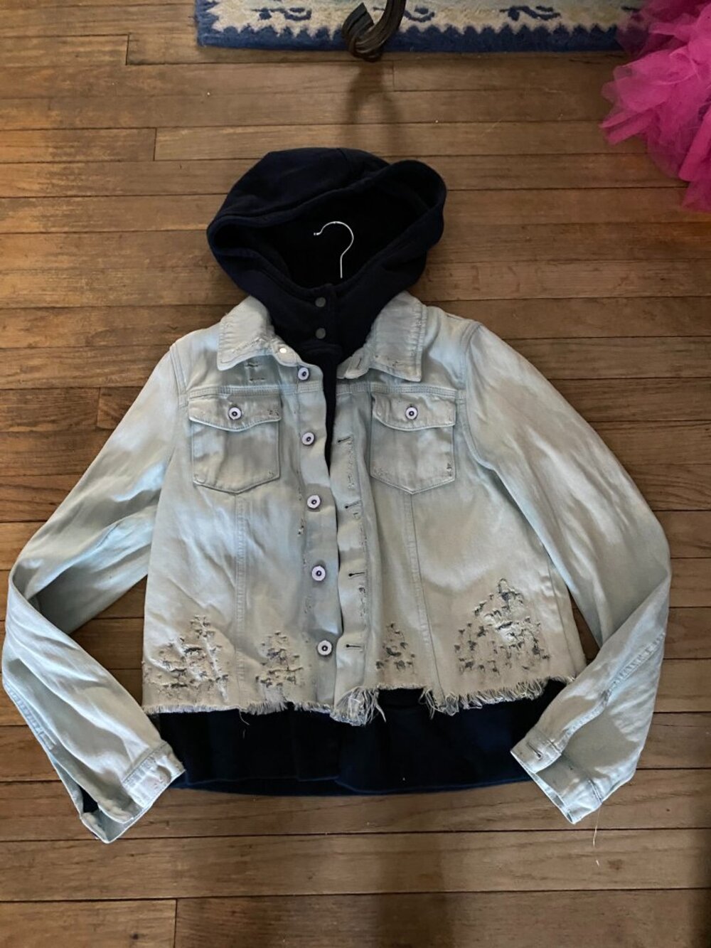FREE PEOPLE Distressed Grunge Denim Jean Sweatshirt Lined Hoodie Jacket - M